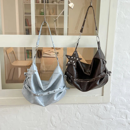 Moods Biker Style Shoulder Hobo Bags Women Soft Pu Leather Large Capacity Shopper Totes Rivets Decor