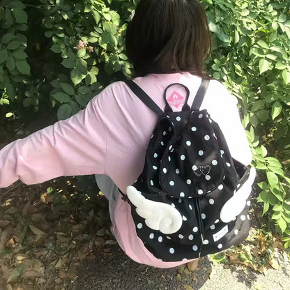 Y2K Polka Dot Backpack - 3D Angel Wings Kawaii Drawstring Bag for Girls