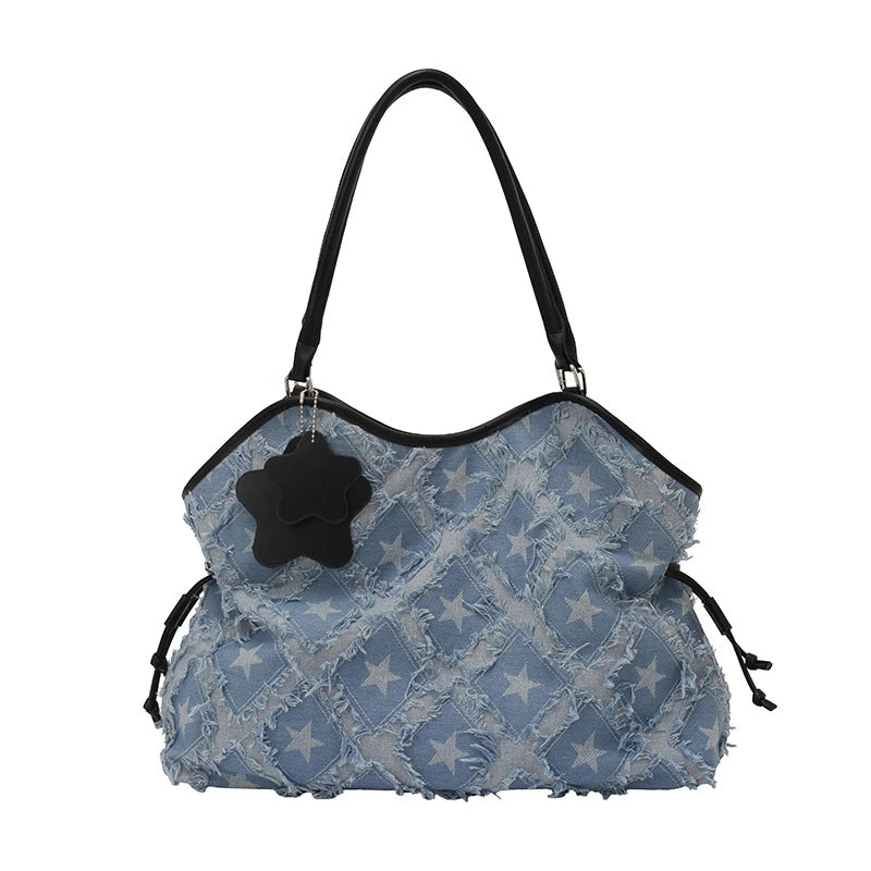 Women's Denim Star Print Hobo Shoulder Bag