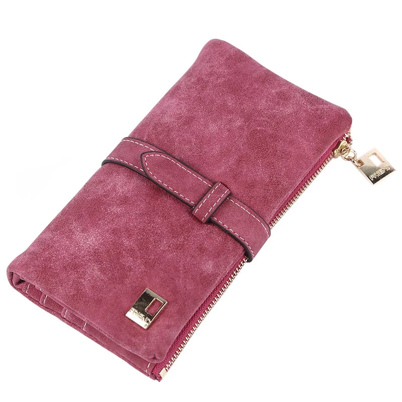 Women's Nubuck Leather Long Wallet – Drawstring Zipper Purse