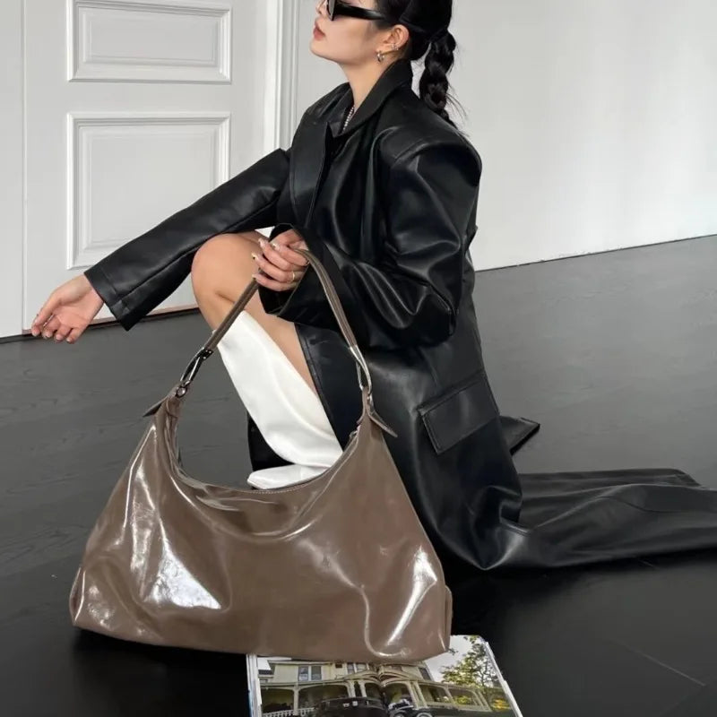 Large Leather Tote Bag for Women – Vintage Aesthetic Shoulder Bag