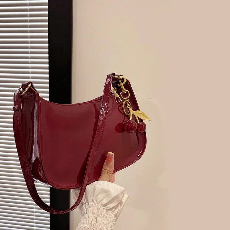 PU Leather Shoulder Bag with Cherry Pendant for Women