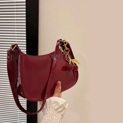 PU Leather Shoulder Bag with Cherry Pendant for Women