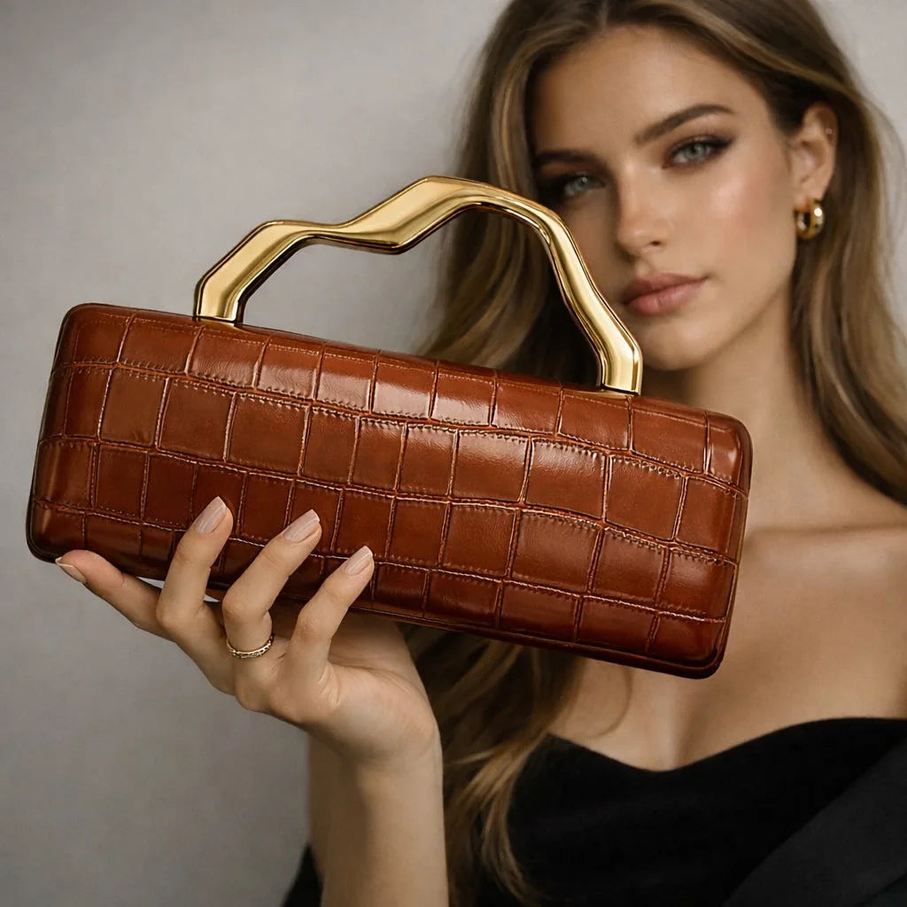 Crocodile Pattern Brand Women S Handbag Brown Gold Rectangular Bag High-End Luxury Designer Shoulder