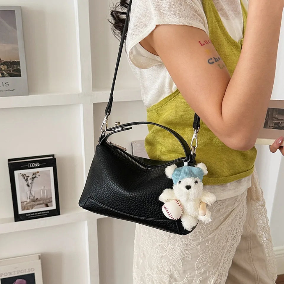Soft Leather Shoulder Bag – Women's Crossbody Handbag with Charm