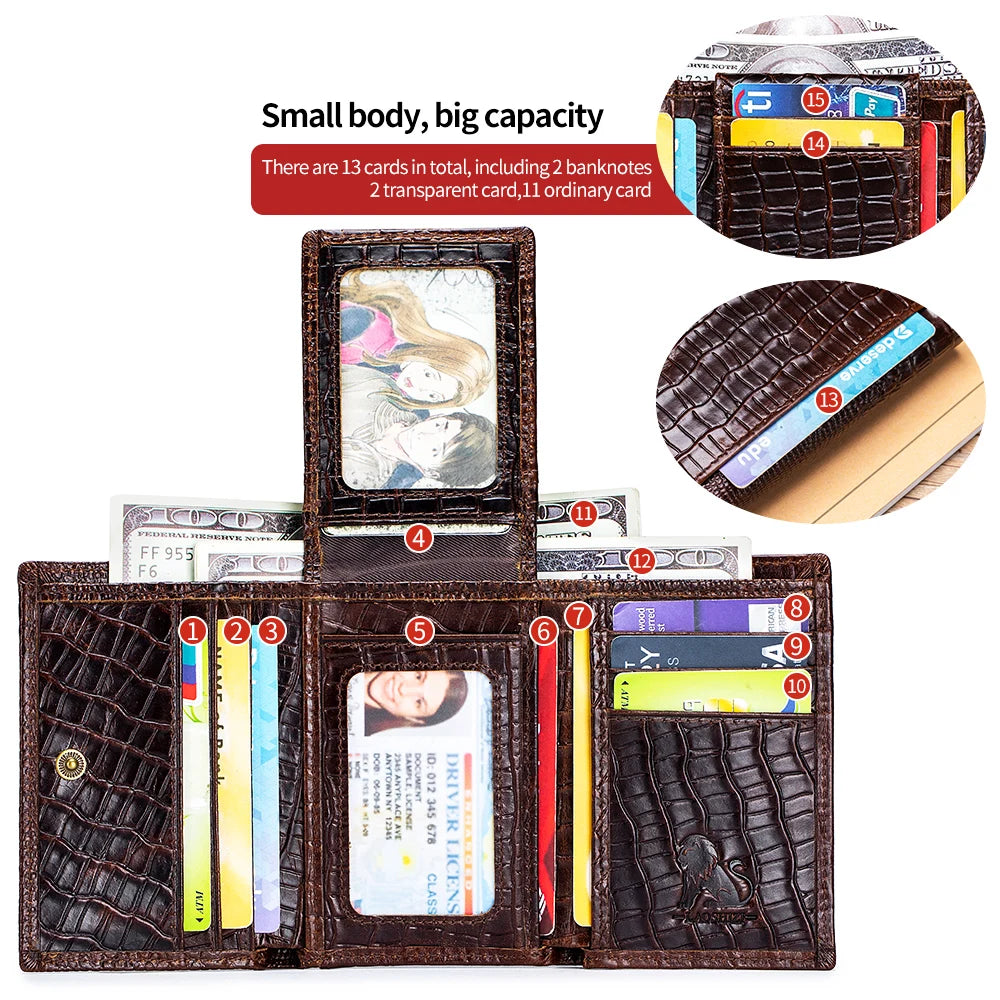 Men's Genuine Leather Crocodile Embossed Trifold Wallet