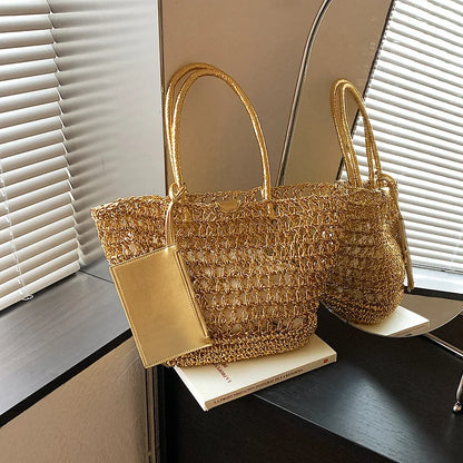 Gold Woven Tote Bag - Large Capacity Hollow Shoulder Bag for Women