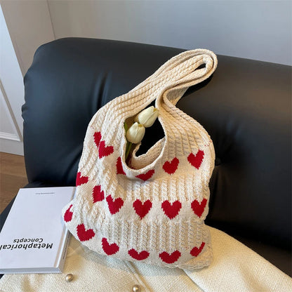 Knitted Heart Pattern Tote Bag Large Capacity for Women