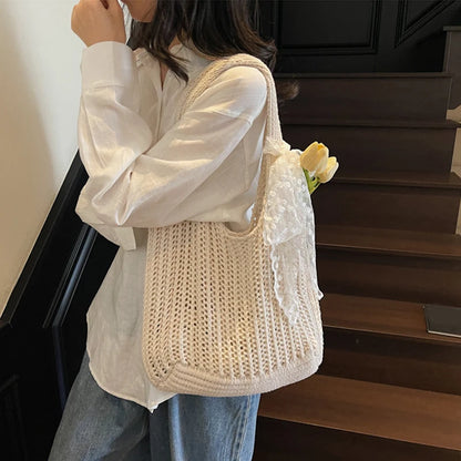 Lace Ribbon Woven Tote Bag – Bohemian Beach Shoulder Bag