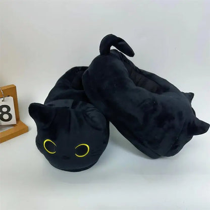 Black Cat Plush Slippers – Funny Warm Indoor House Shoes