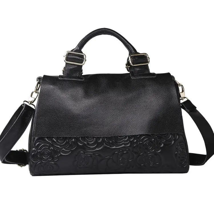 Floral Embossed Genuine Leather Women's Handbag – Shoulder Bag