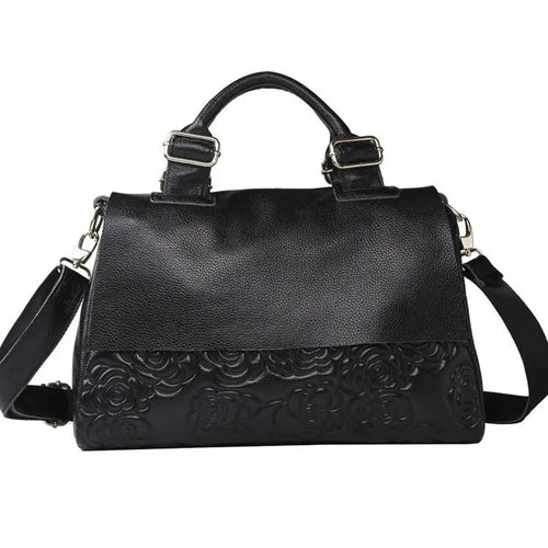 Floral Embossed Genuine Leather Women's Handbag – Shoulder Bag