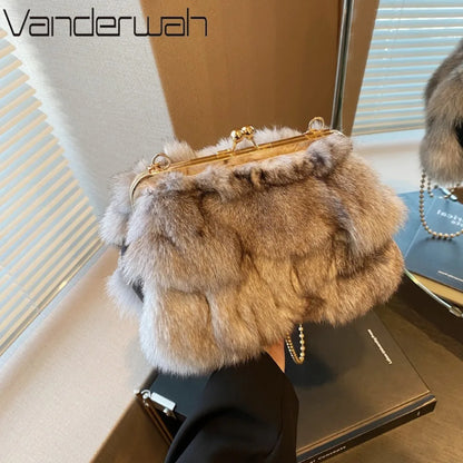 Women's Fluffy Faux Fur Crossbody Bag – Gold Frame Pearl Chain Handbag