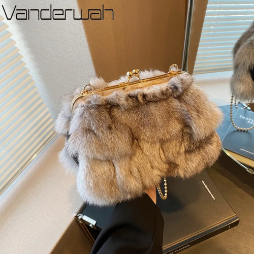 Women's Fluffy Faux Fur Crossbody Bag – Gold Frame Pearl Chain Handbag