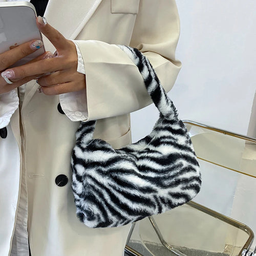Fluffy Leopard Print Plush Bag – Women's Mini Shoulder Underarm Tote