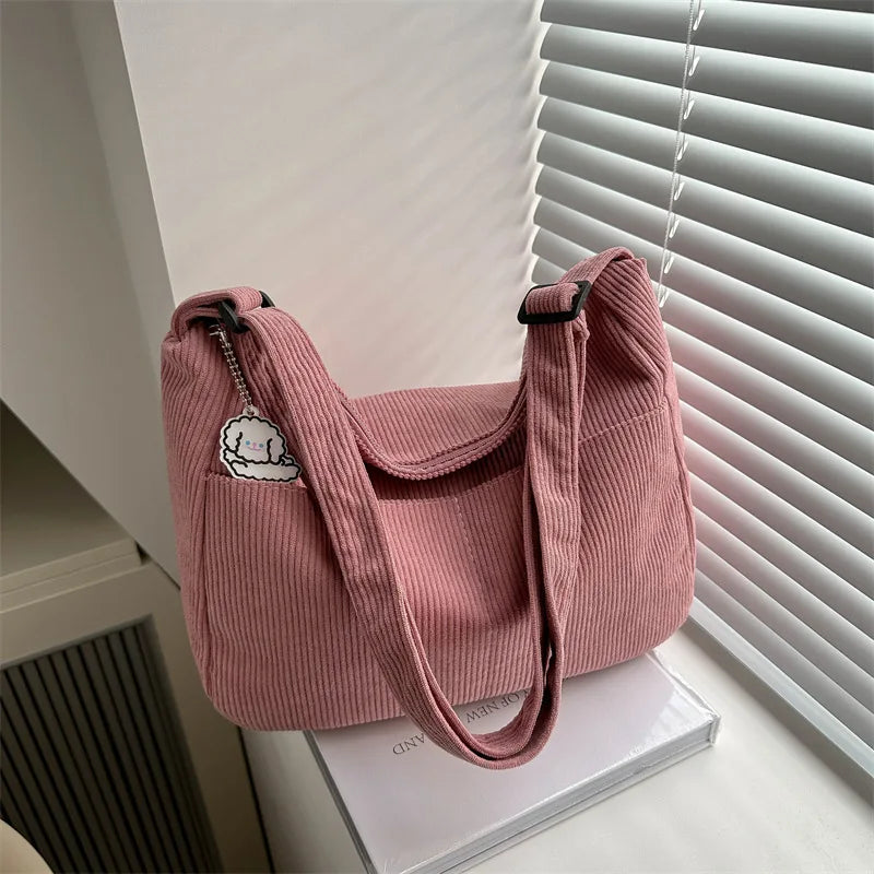 Corduroy Shoulder Tote Bag – Women's Striped Large Capacity