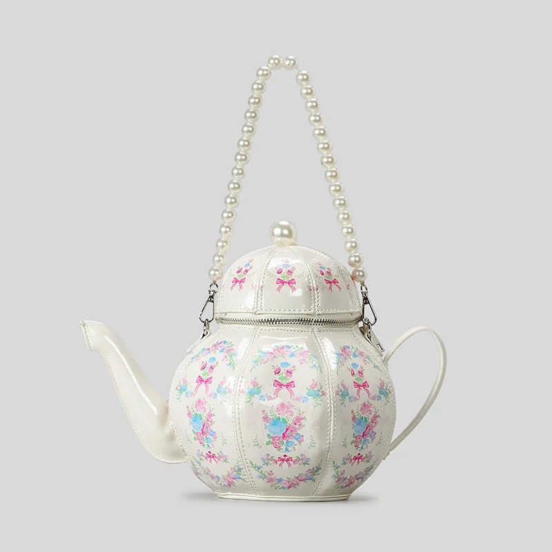 Creative Vintage Printed Teapot Design Women Handbags Pearls Chains Shoulder Bag Designer Luxury