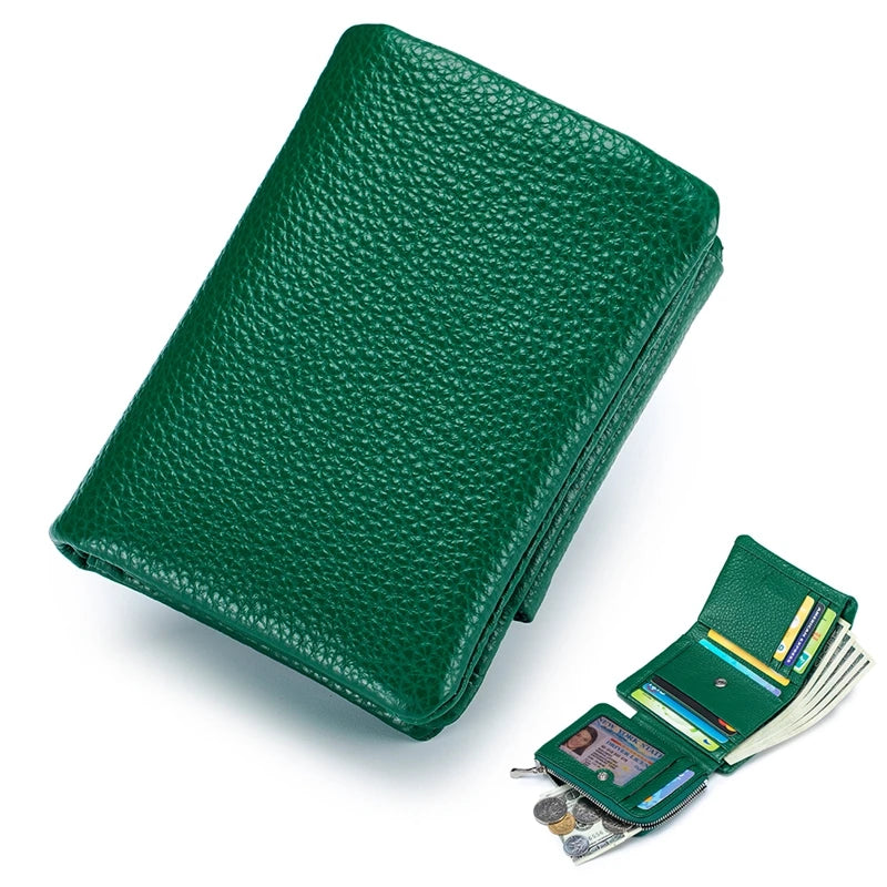 Genuine Cowhide Leather Trifold Wallet with Zipper Coin Pocket