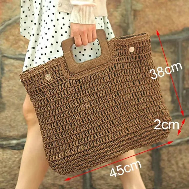 Handmade Straw Woven Round Beach Tote Bag