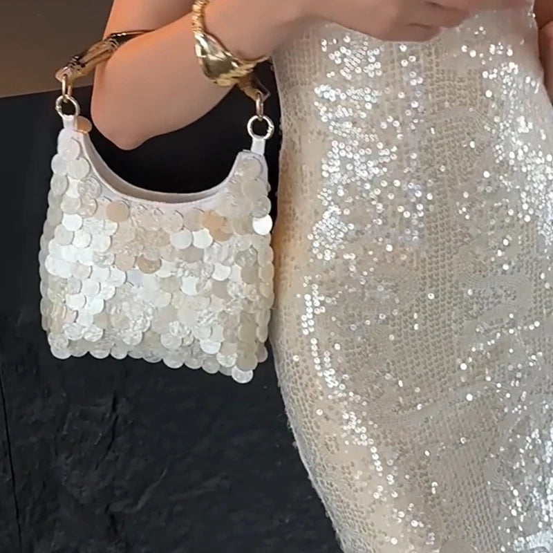Shell Beaded Evening Bag Women Bamboo Handle Sequin Clutch