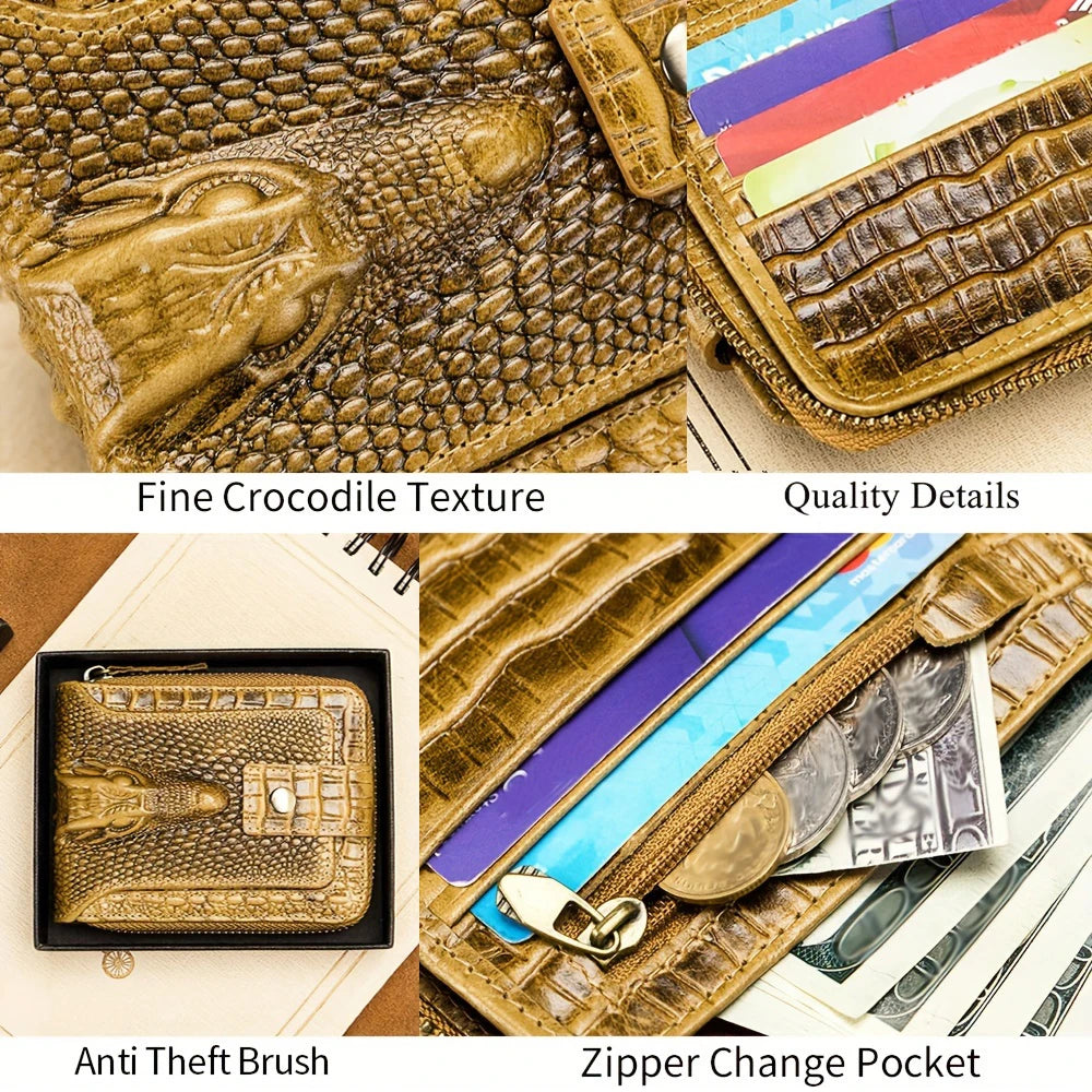 Men's Leather Wallet – Crocodile Pattern Zip-Around with Card Slots