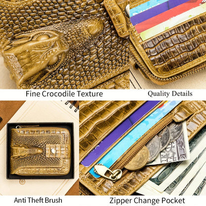 Men's Leather Wallet – Crocodile Pattern Zip-Around with Card Slots