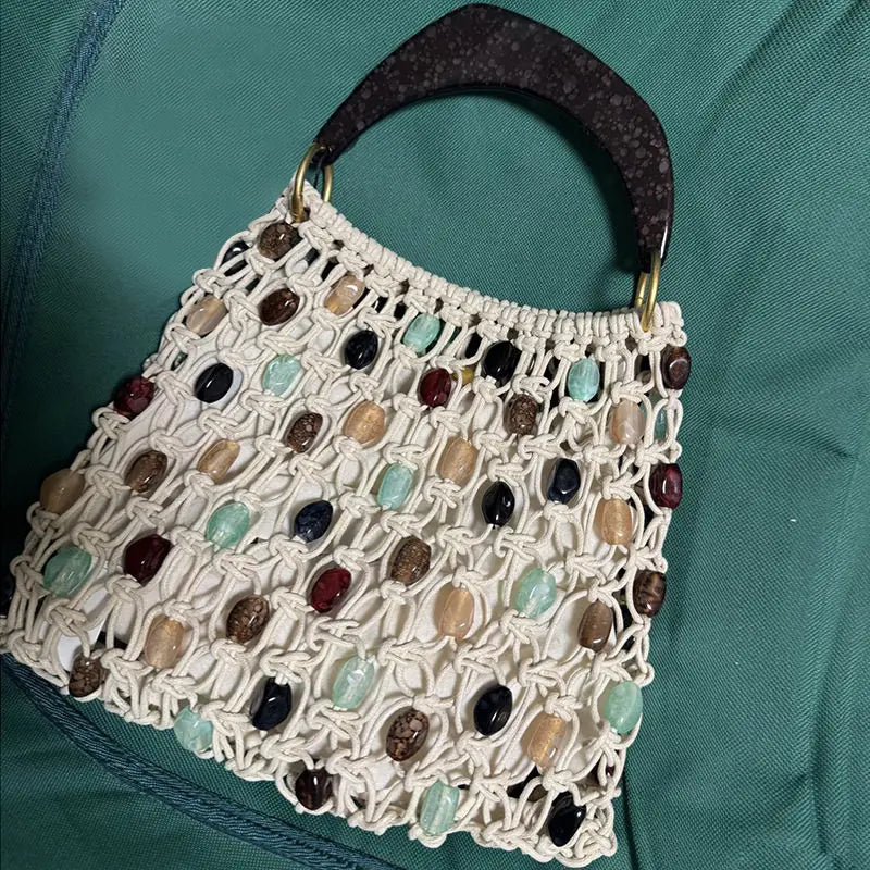 Creative Summer Woven Bead Bag Hollow-Out Breathable Tote Bohemian Large Capacity Shoulder Women
