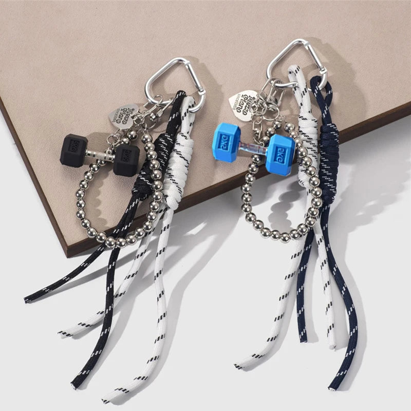 Dumbbell Keychain with Braided Rope & Silver Bead Chain