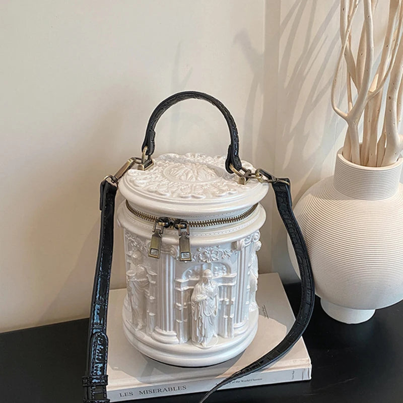 3D Baroque Embossed Bucket Bag – Retro Crossbody Handbag