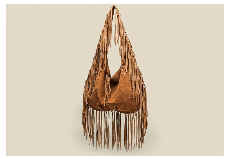 Vintage Suede Hobos Women Shoulder Bags Bohemian Tassel Handbags Large Capacity Tote Bag Autumn