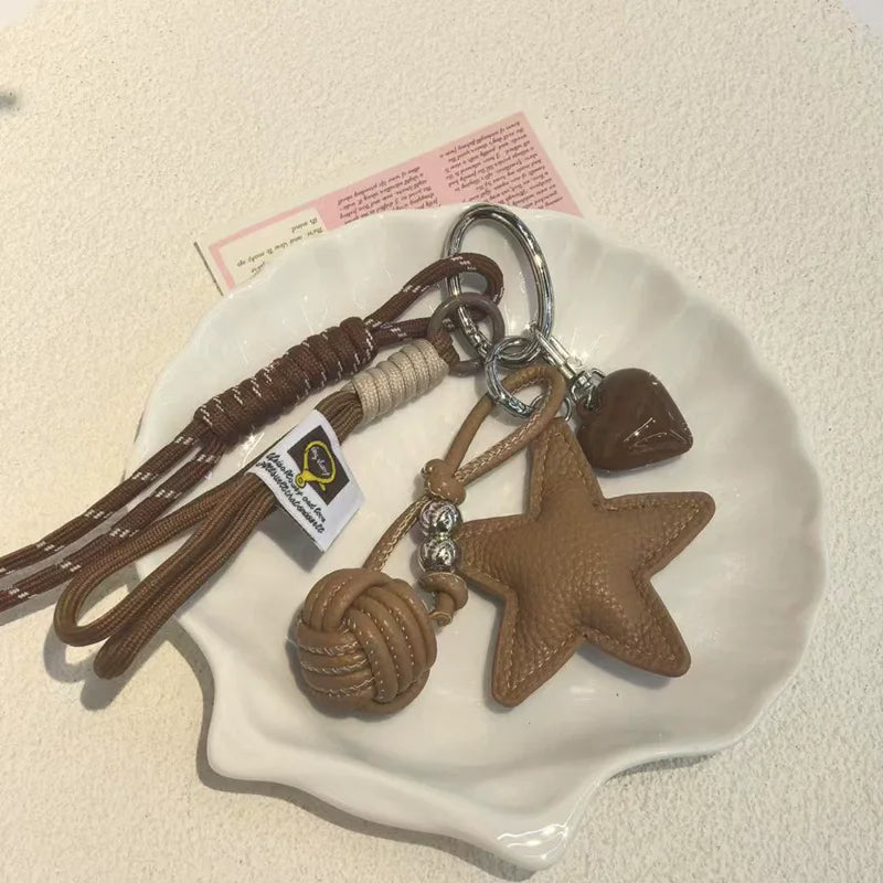 Star Leather Keychain Bag Charm – Cute Heart Pendant with Braided Tassel