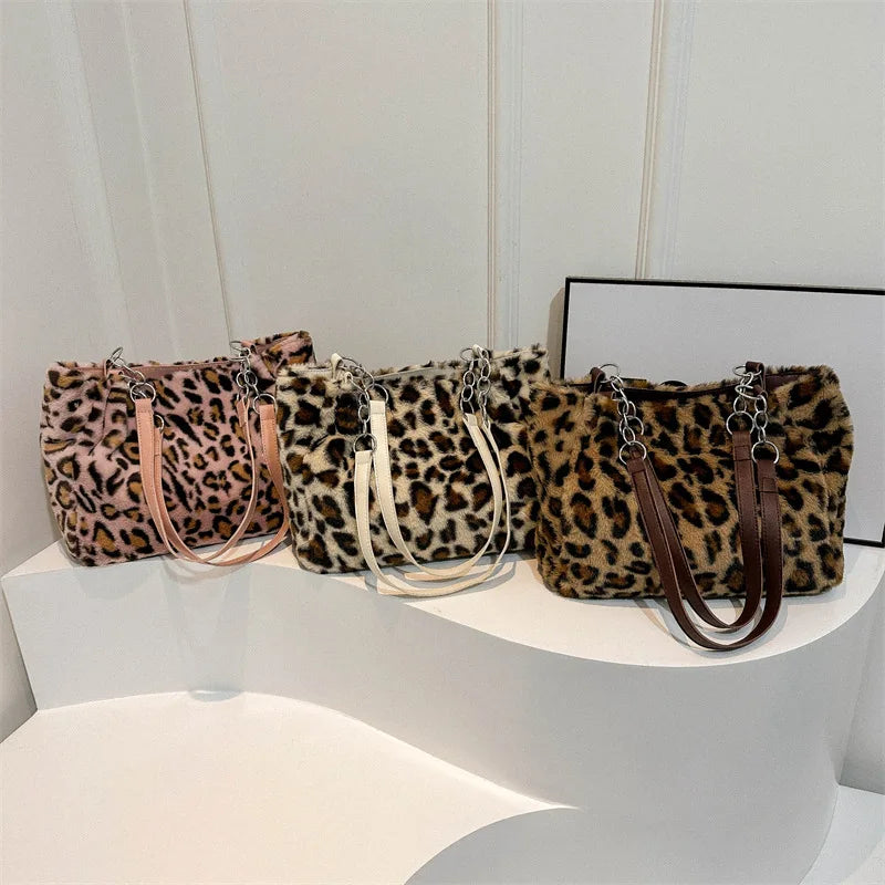 Leopard Print Fluffy Shoulder Bag – Large Capacity Chain Tote