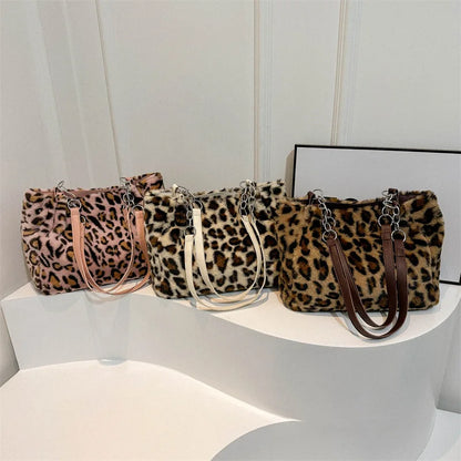 Leopard Print Fluffy Shoulder Bag – Large Capacity Chain Tote