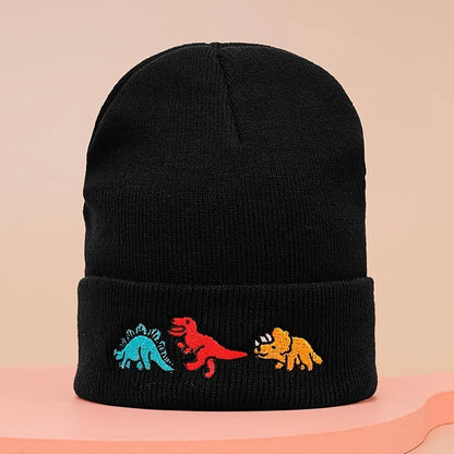 Dinosaur Embroidery Beanie Hat – Warm Knit Cap for Men & Women