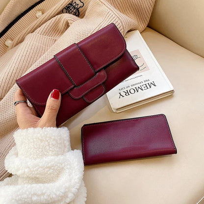 Women's Long Leather Wallet – Vintage Trifold Clutch Purse with Phone Pocket