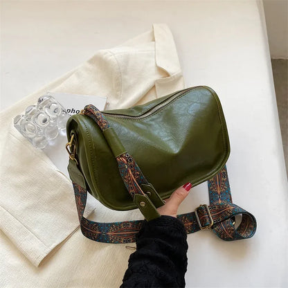 Vintage Leather Crossbody Bag – Pillow Style with Boho Printed Strap