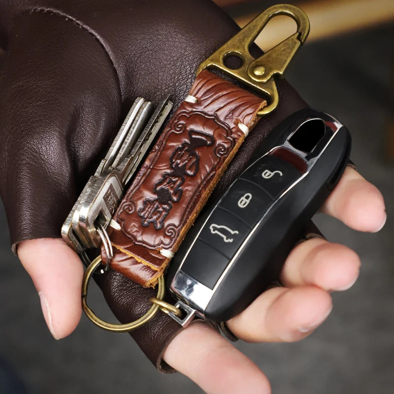Genuine Leather Car Keychain – Handmade Embossed Key Ring
