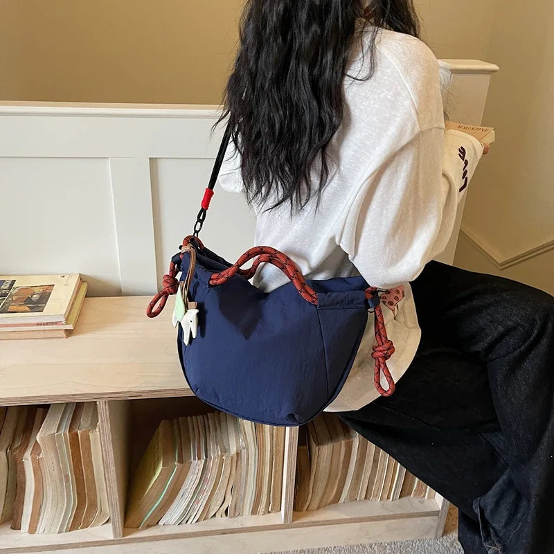 Trendy Shoulder Bags Women Oxford Fabric Drawstring Foldable Crossbody Bag Minimalist Design Casual