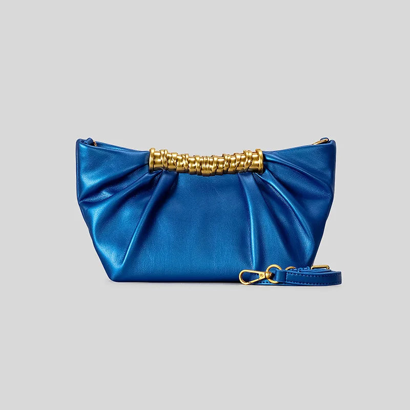 Elegant Ruched Hobos Clucth Bag Luxury Designer Metal Handle Women Handbags Soft Pu Leather Shoulder
