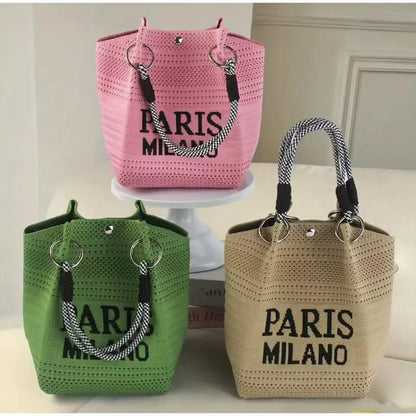 Knit Bucket Bag Women – Letter Print Woven Handbag Small Tote