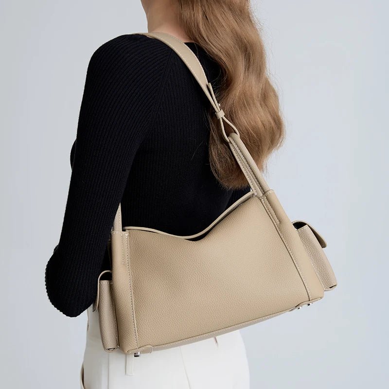 Genuine Cowhide Leather Hobo Shoulder Bag – Pebbled Minimalist Style