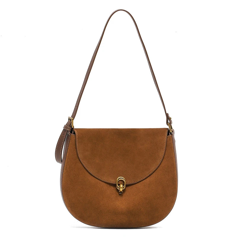 Genuine Leather Saddle Bag – Women's Large Capacity Crossbody with Gold Buckle