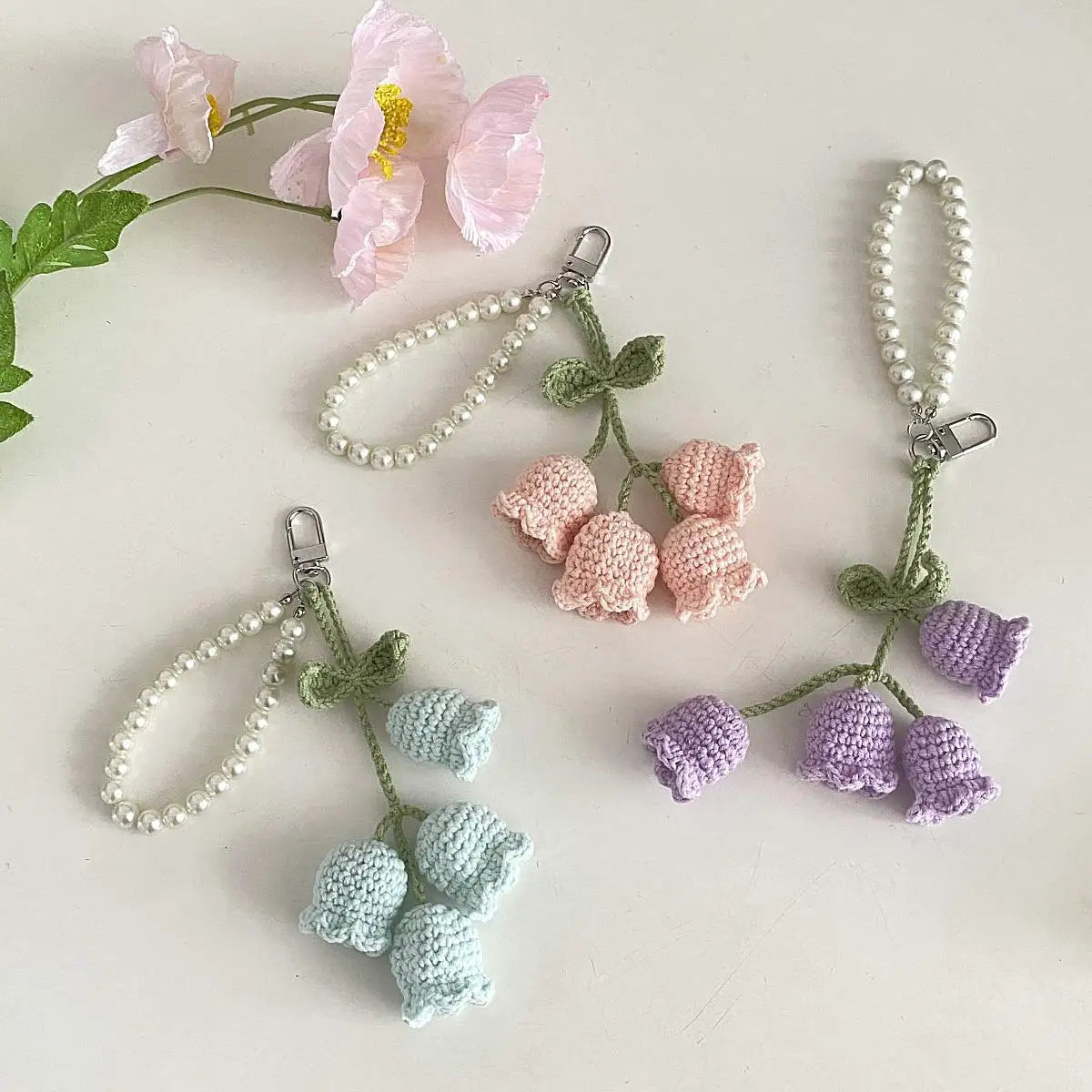 Crochet Flower Keychain with Pearl Chain Bag Charm Handmade