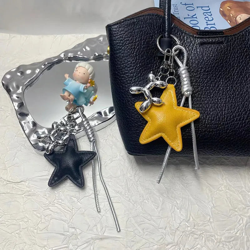 Leather Star Bag Pendant Keychain with Puppy Charm