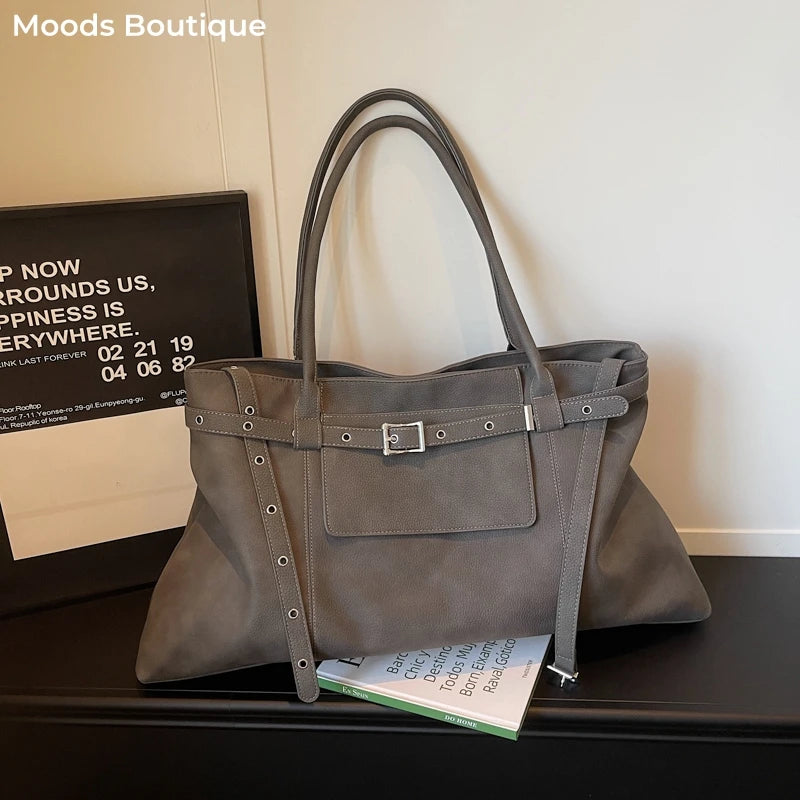 Moods Biker Style Big Shoulder Bags Women Soft Pu Leather Large Capacity Travelling Shopping Totes