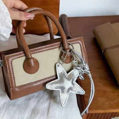 Leather Star Bag Charm Keychain with Braided Rope