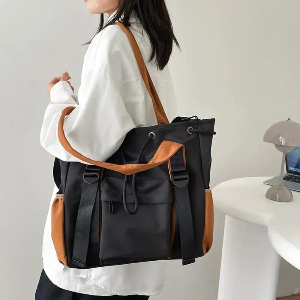 Large Waterproof Nylon Tote Bag – Multi-Pocket Drawstring Shoulder Bag for Women