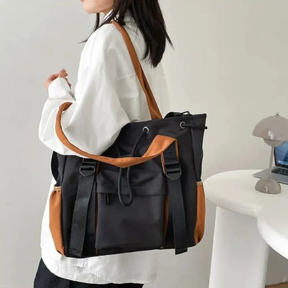 Large Waterproof Nylon Tote Bag – Multi-Pocket Drawstring Shoulder Bag for Women
