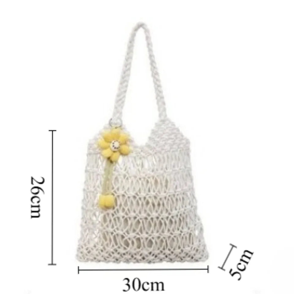 Straw Woven Hollow-Out Shoulder Bag with Flower Charm