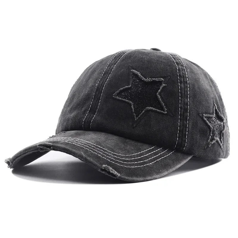 Ponytail Baseball Cap Star Patch Distressed Snapback Women Hat